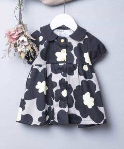 圓領袖邊洋裝(短袖)-訂製 身(花47)、領+袖(黑棉麻)