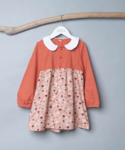 圓領袖邊洋裝(長袖)-訂製 棉麻29vs和風13(領子白色)