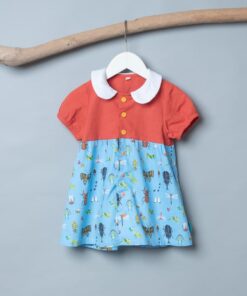 圓領袖邊洋裝(短袖)-訂製 棉麻29vs自然17(昆蟲)