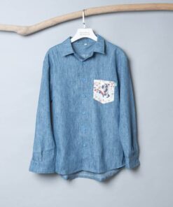 立領長袖襯衫-牛仔棉麻 一般口袋貓嬤嬤