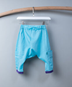 哈倫九分長褲-訂製 褲身水藍vs褲管縮口紫色羅紋 貝貝彬